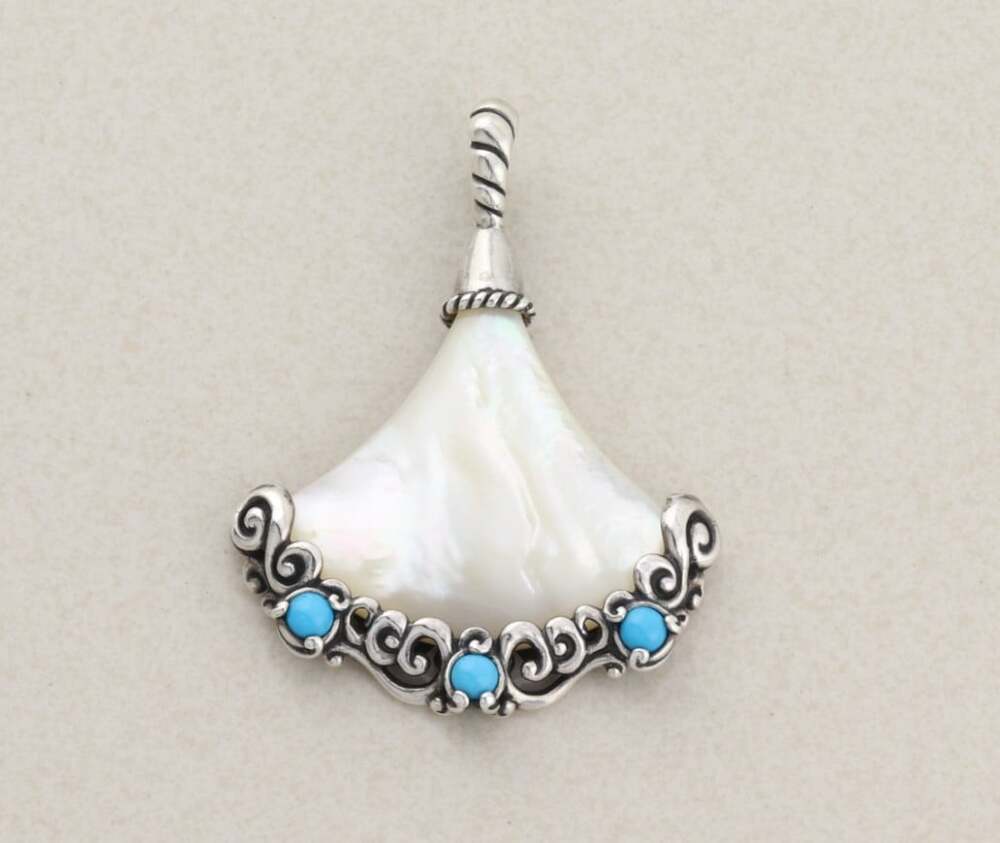 Sterling Silver Carolyn Pollack Mother of Pearl & Turquoise Pendant 2 1/4" inch